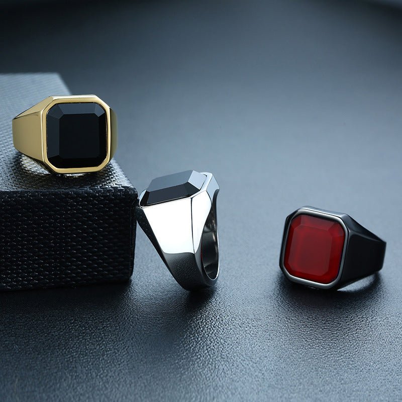 Men's stainless steel black agate ring - Tajura & CO
