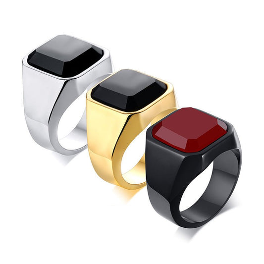 Men's stainless steel black agate ring - Tajura & CO
