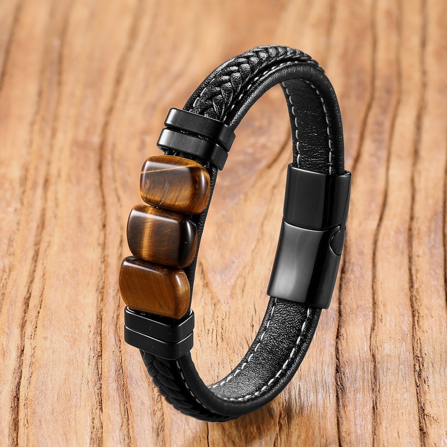 The Artisan Braided Leather & Stone Cuff - Tajura & CO