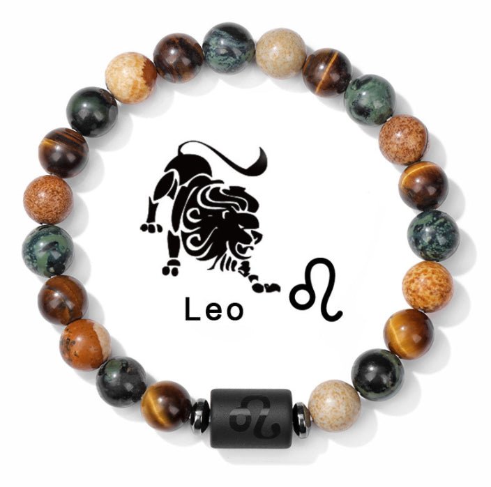 Zodiac Beaded Bracelet – Polished Stone Design with Engraved Symbol - Tajura & CO