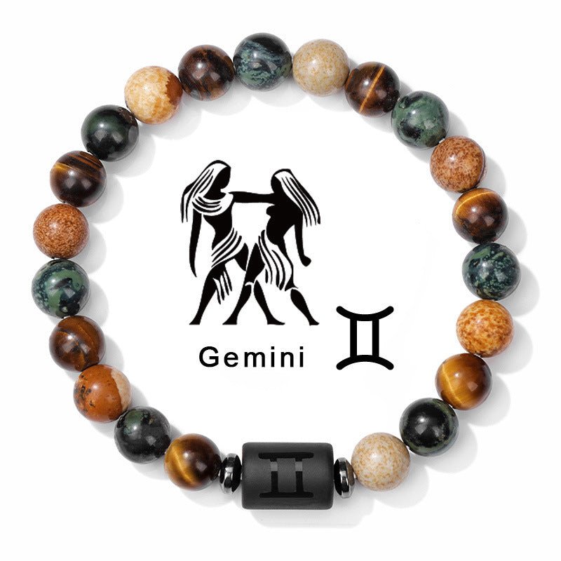 Zodiac Beaded Bracelet – Polished Stone Design with Engraved Symbol - Tajura & CO