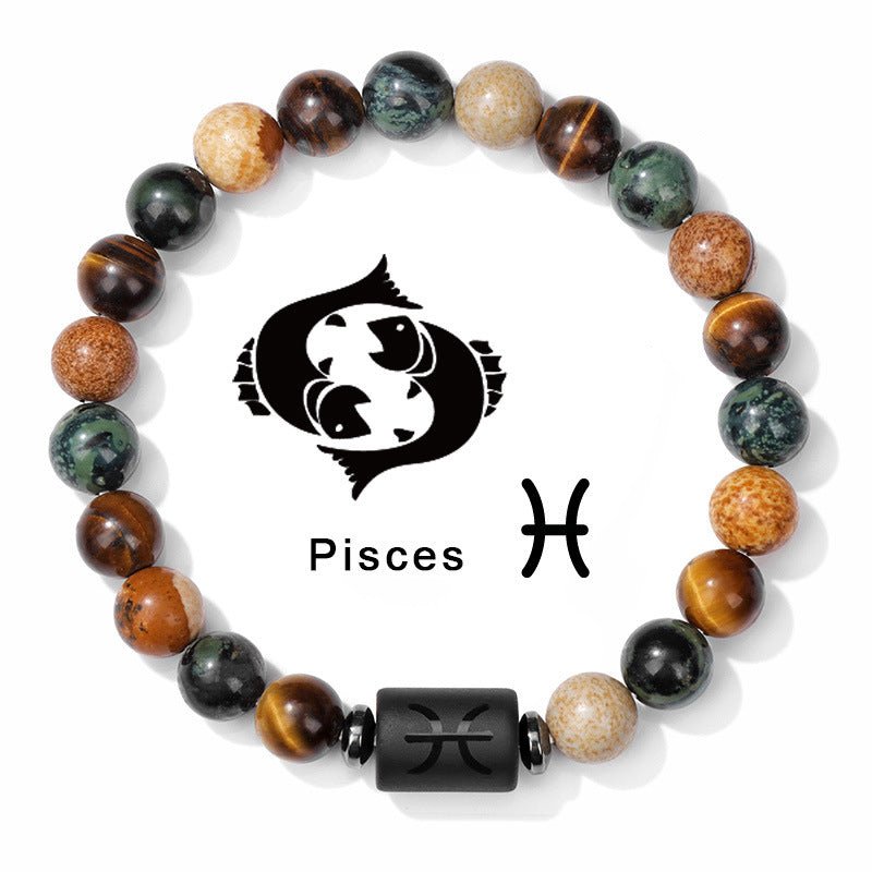 Zodiac Beaded Bracelet – Polished Stone Design with Engraved Symbol - Tajura & CO
