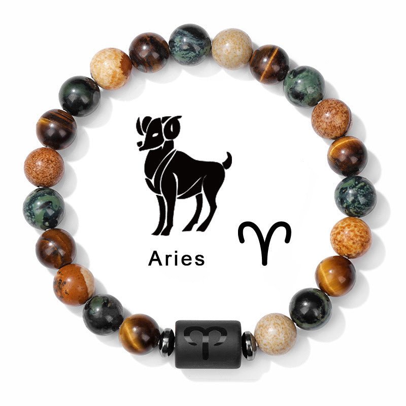 Zodiac Beaded Bracelet – Polished Stone Design with Engraved Symbol - Tajura & CO