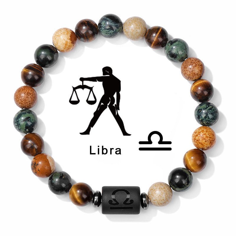 Zodiac Beaded Bracelet – Polished Stone Design with Engraved Symbol - Tajura & CO