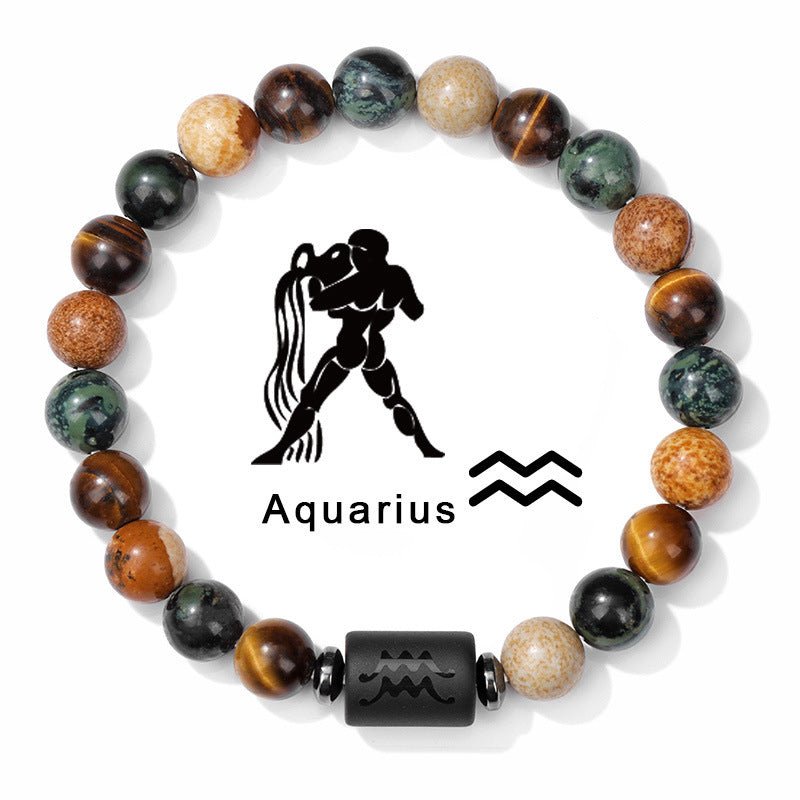 Zodiac Beaded Bracelet – Polished Stone Design with Engraved Symbol - Tajura & CO