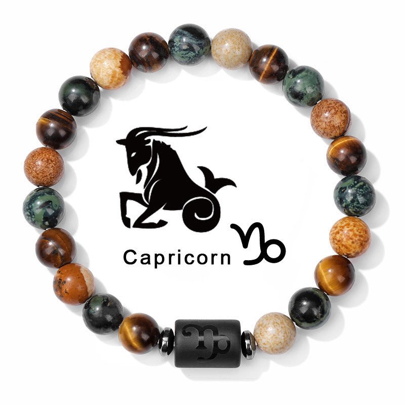 Zodiac Beaded Bracelet – Polished Stone Design with Engraved Symbol - Tajura & CO