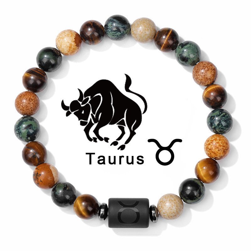 Zodiac Beaded Bracelet – Polished Stone Design with Engraved Symbol - Tajura & CO