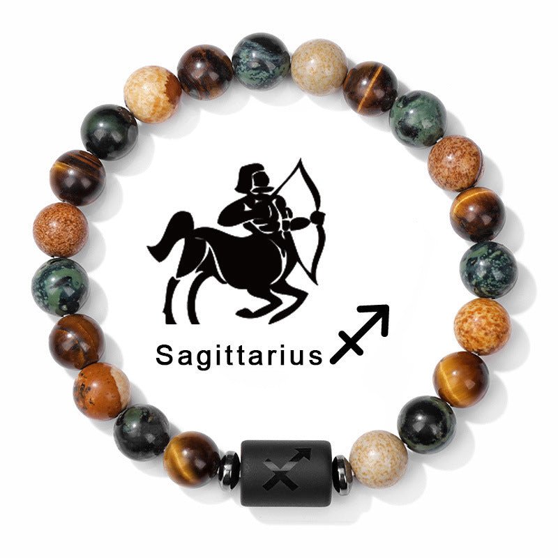 Zodiac Beaded Bracelet – Polished Stone Design with Engraved Symbol - Tajura & CO